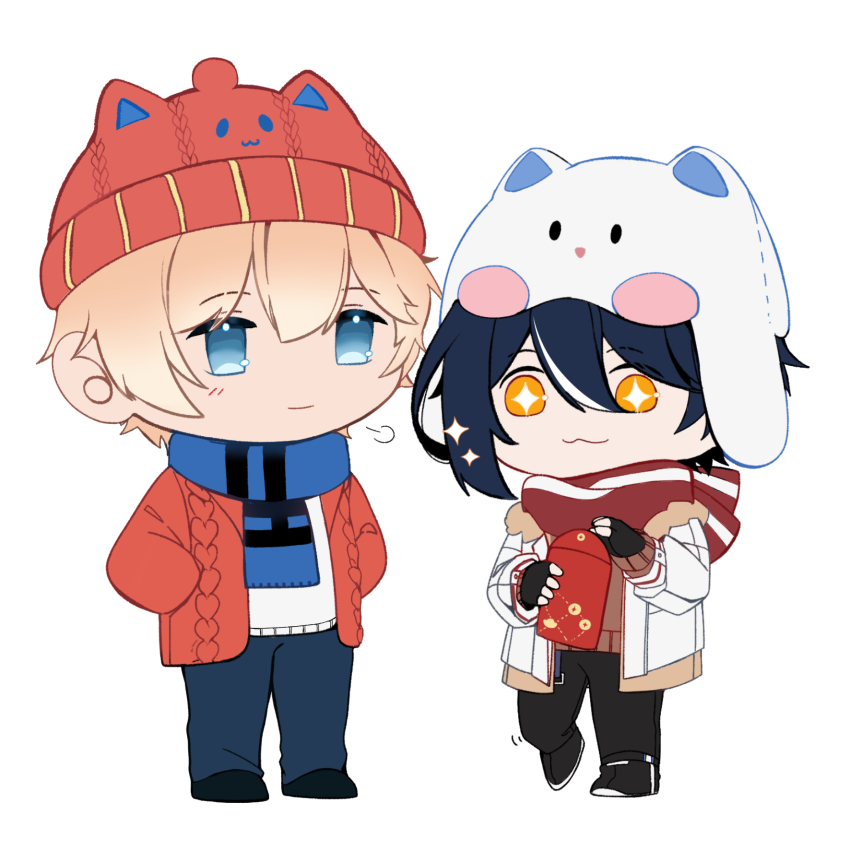 2boys alternate_costume chibi coat commandant_(pgr) dochikun highres hongbao image_sample lee:_hyperreal_(pgr) lee_(pgr) multiple_boys pixiv_sample punishing:_gray_raven scarf white_background winter_clothes winter_coat