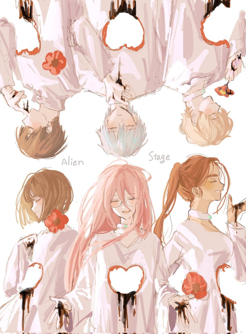 3boys 3girls alien_stage black_blood black_hair blonde_hair blood blood_on_hands brown_hair choker closed_eyes commentary copyright_name corrupted_twitter_file dress flower glasses grey_hair hashtag-only_commentary heart highres holding holding_flower hole_in_chest hole_on_body hyuna_(alien_stage) ivan_(alien_stage) long_hair long_sleeves luka_(alien_stage) mizi_(alien_stage) multiple_boys multiple_girls open_mouth pink_hair ponytail red_flower short_hair smile sua_(alien_stage) till_(alien_stage) very_short_hair white_choker white_dress x_x_(batttsu_404)