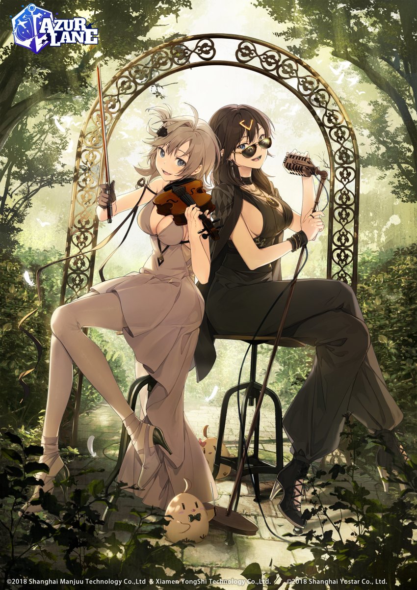 2girls :d absurdres ahoge arch azur_lane bare_shoulders bird black_choker black_coat black_dress black_footwear black_gloves black_hair blue_eyes bow_(music) breasts chick choker cleavage coat coat_on_shoulders dress earrings feathers georgia_(azur_lane) georgia_(south_town_pearl)_(azur_lane) gloves grey_dress grey_hair hair_ornament heterochromia high_heels highres holding instrument jewelry large_breasts long_hair looking_at_viewer manjuu_(azur_lane) microphone microphone_stand multiple_girls nagu nature necklace official_art open_mouth pantyhose plant seattle_(azur_lane) seattle_(gorgeous_party)_(azur_lane) sitting sleeveless sleeveless_dress smile stool sunglasses tree violin white_footwear white_legwear yellow_eyes