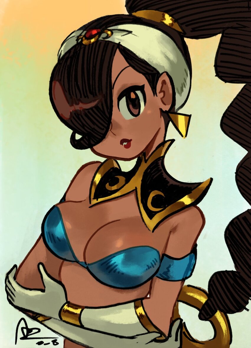 1girl alex_ahad black_eyes braid breasts brown_eyes brown_hair capcom cleavage covered_erect_nipples crossed_arms dark-skinned_female dark_skin earrings gloves gypsy hair_over_one_eye highres jewelry large_breasts lips long_hair midriff power_stone rouge_(power_stone) signature simple_background single_braid solo twisted_torso upper_body white_background