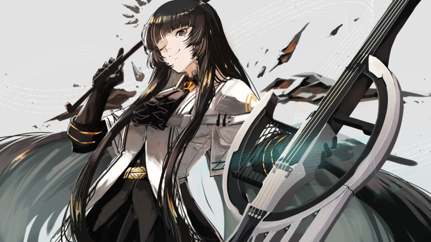 1girl ;) arknights ascot belt_buckle black_ascot black_gloves black_hair black_halo black_shirt black_wings bow_(music) broken_halo buckle cello closed_mouth collared_jacket colored_inner_hair commentary_request cowboy_shot dark_halo detached_wings energy_wings exocet_(exocet4) gloves grey_background grey_eyes grey_hair halo hand_up highres holding holding_bow_(music) holding_instrument instrument jacket layered_sleeves long_hair long_sleeves looking_at_viewer mole mole_under_eye multicolored_hair one_eye_closed partial_commentary shirt short-sleeved_jacket short_over_long_sleeves short_sleeves sidelocks simple_background smile solo musical_staff standing straight_hair strap two-tone_hair very_long_hair virtuosa_(arknights) white_jacket wide_sleeves wing_collar wings yellow_pupils