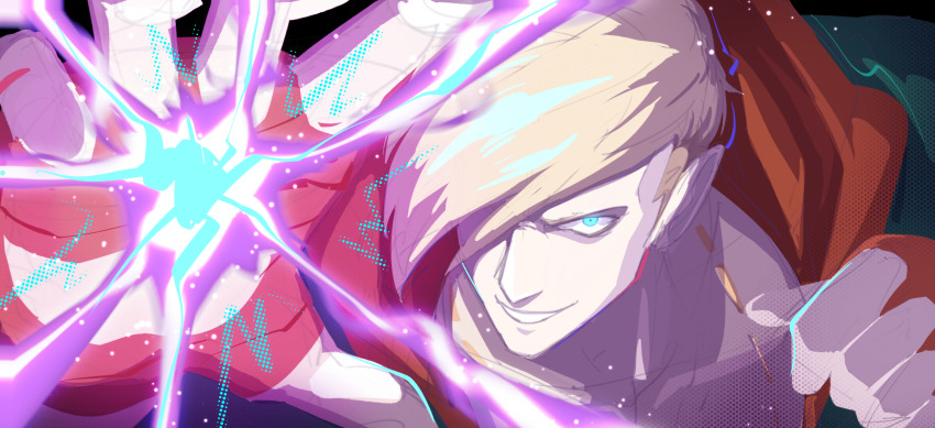 1boy blonde_hair blue_eyes chinese_commentary close-up commentary_request ed_(street_fighter) grin hair_over_one_eye highres hood hood_down hooded_jacket jacket looking_ahead male_focus multicolored_jacket one_eye_covered outstretched_arm sideburns smile solo starnightmare street_fighter street_fighter_6 teeth unfinished