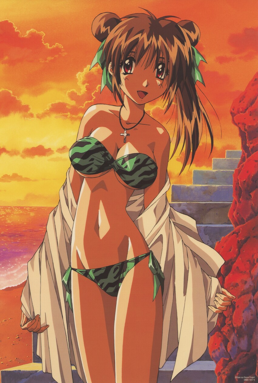 absurdres beach bikini breasts brown_eyes brown_hair cross double_bun fang hair_bun highres large_breasts nanako_kaitai_shinsho non-web_source official_art shichigusa_nanako sunset swimsuit yamashita_toshinari
