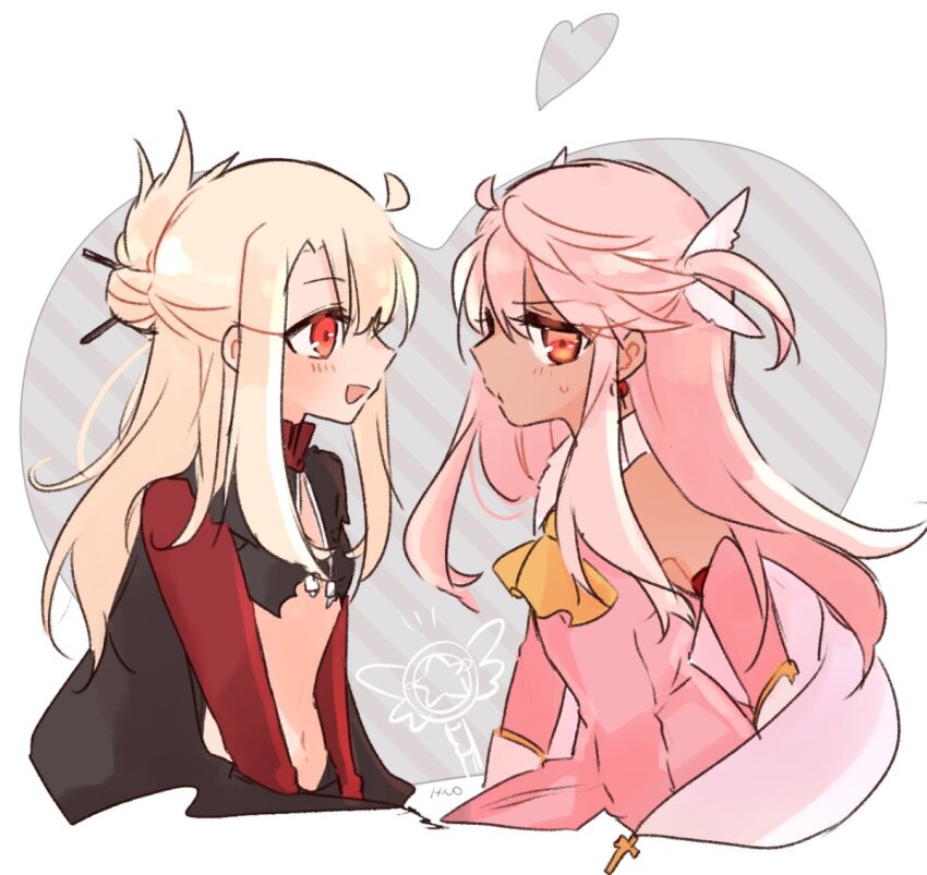 2girls blonde_hair blush chloe_von_einzbern chloe_von_einzbern_(archer_install) cosplay costume_switch dark-skinned_female dark_skin fate/kaleid_liner_prisma_illya fate_(series) flat_chest illyasviel_von_einzbern long_hair looking_at_another magical_girl miyu_edelfelt multiple_girls navel open_mouth pink_hair prisma_illya red_eyes saihara sketch smile