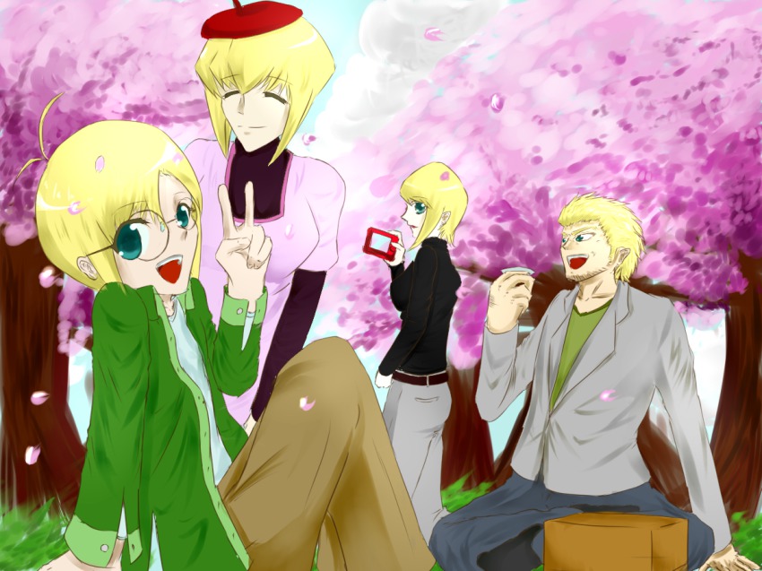 2boys 2girls ada_clover antenna_hair aqua_eyes arc_system_works artist_request belt beret blazblue blonde_hair breasts brother_and_sister camera carl_clover casual cherry_blossoms closed_eyes facial_hair family father_and_daughter father_and_son forest grass green_eyes happy hat husband_and_wife ignis_clover jacket light_smile looking_at_viewer looking_back mother_and_daughter mother_and_son multiple_boys multiple_girls nature open_mouth pants relius_clover short_hair siblings sitting smile tree