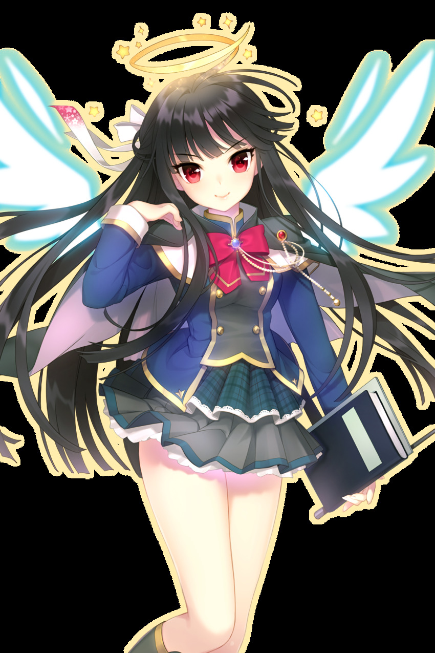 1girl angel_wings black_cape black_hair book breasts cape frilled_skirt frills hair_ribbon halo highres holding holding_book long_hair looking_at_viewer medium_breasts official_art pink_eyes red_ribbon resized ribbon shirahane_nao skirt soccer_spirits solo star_(symbol) transparent_background uniform upscaled ustiel_(soccer_spirits) white_ribbon wings