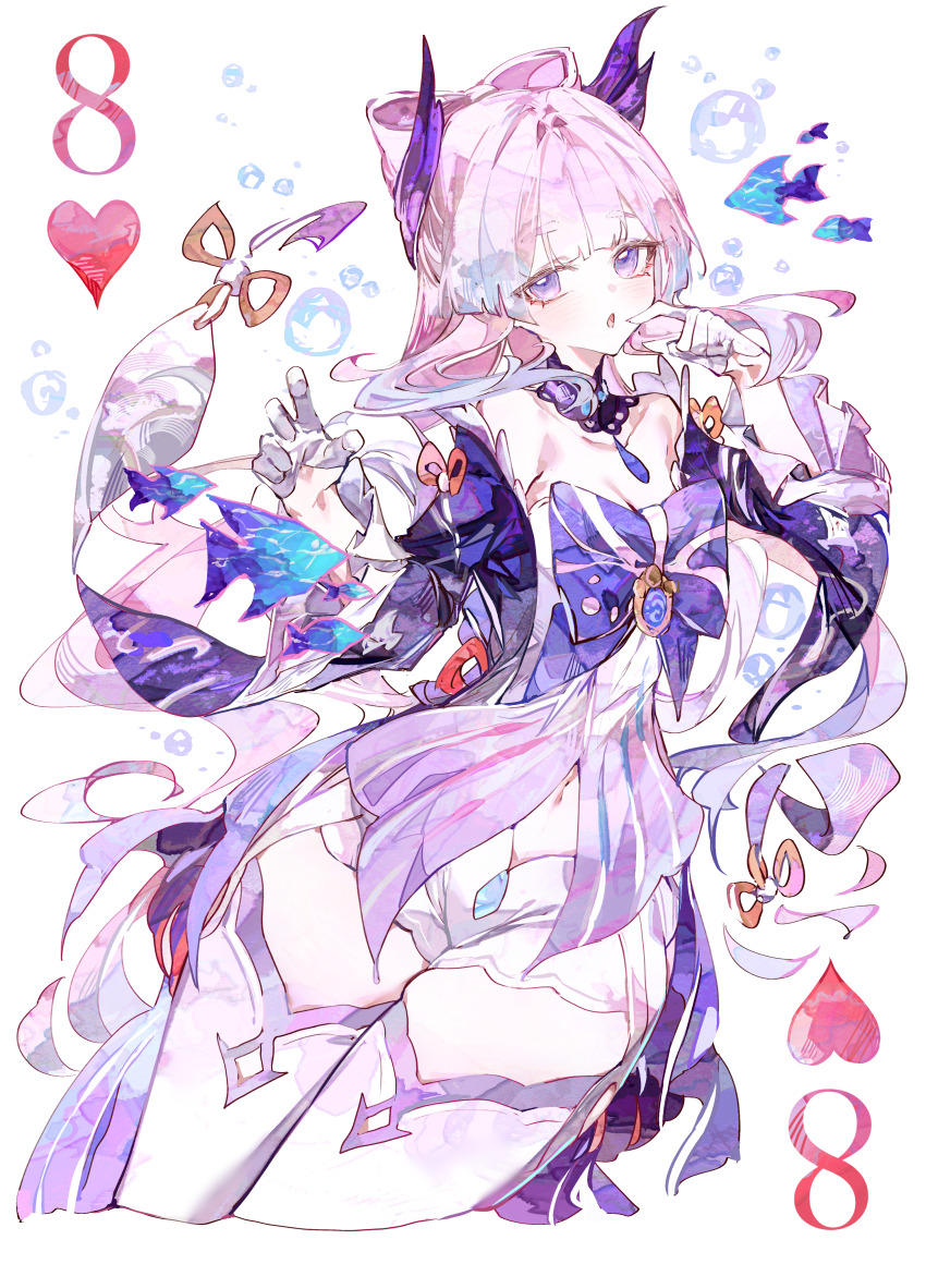 1girl absurdres air_bubble blue_hair bow-shaped_hair breasts bubble card cleavage cocoballking colored_tips detached_sleeves eight_of_hearts genshin_impact gloves half_gloves hands_up highres long_hair long_sleeves looking_at_viewer multicolored_hair navel parted_lips pink_hair playing_card sangonomiya_kokomi simple_background solo thighhighs vision_(genshin_impact) white_background white_gloves white_thighhighs wide_sleeves