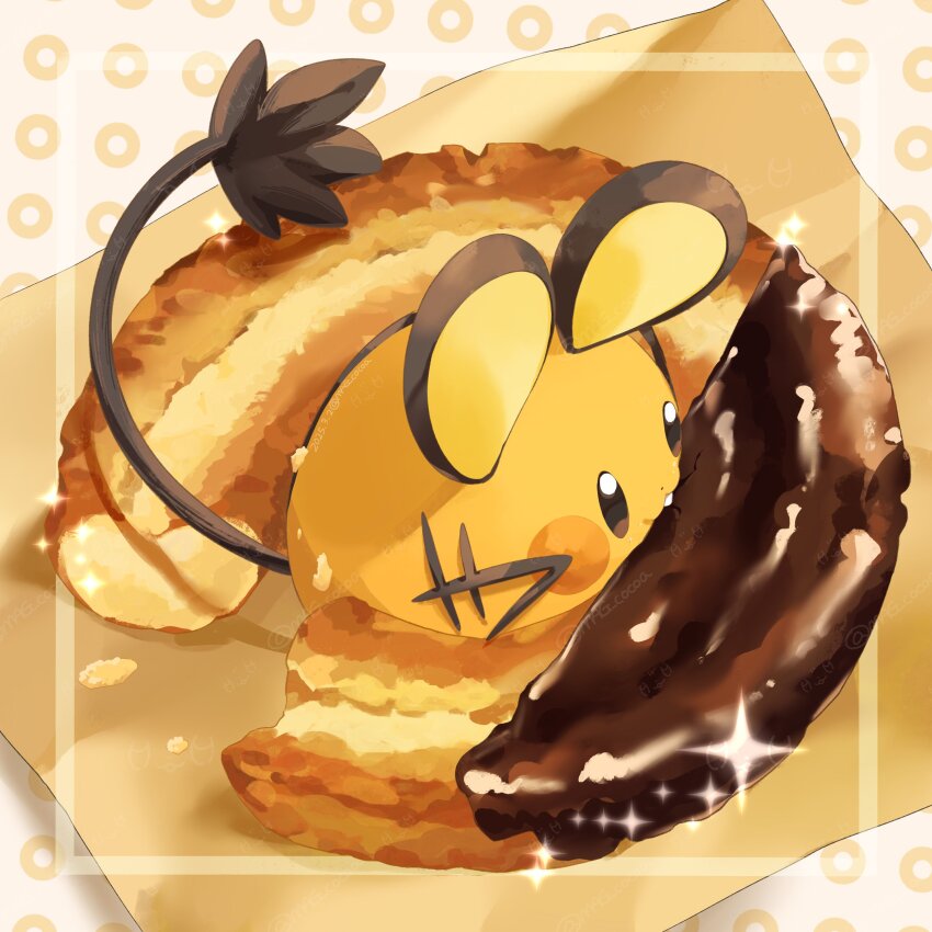 absurdres animal black_tail body_fur dedenne donut eating fang food full_body gen_6_pokemon highres mag_cocoa nintendo no_humans orange_fur pokemon pokemon_(creature) pokemon_focus simple_background solo whiskers