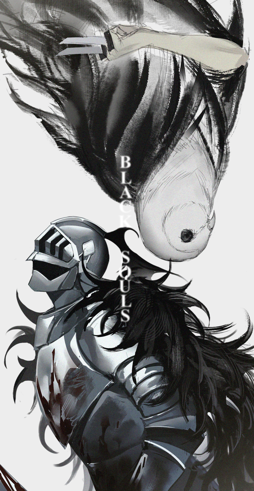 2boys animal_head armor bird black_cape black_souls black_souls_2 cape full_armor gauntlets grimm_(black_souls) helmet highres holding holding_knife knife knight lorde_(black_souls) male_focus multiple_boys owl simple_background sio2_(whynotkarma) upper_body upside-down white_background