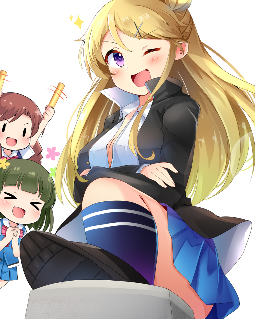3girls aru_(arudes) black_hair blonde_hair blue_skirt blush bow braid breasts brown_eyes brown_hair cleavage closed_eyes crossed_arms glowstick hair_bow hair_bun hair_ornament hairclip highres holding holding_glowstick jacket kin-iro_mosaic kujou_karen long_hair looking_at_viewer matsubara_honoka moegi_high_school_uniform multiple_girls one_eye_closed oomiya_shinobu open_clothes open_mouth penlight_(glowstick) pleated_skirt purple_eyes school_uniform shirt short_hair simple_background single_hair_bun skirt smile socks very_long_hair white_background x_hair_ornament