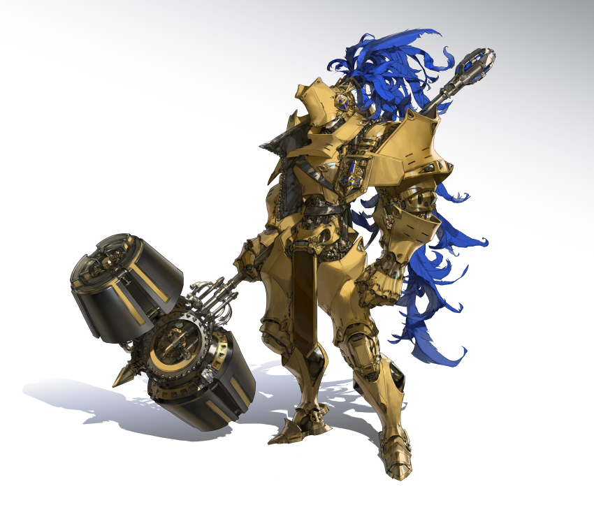 absurdres armor blue_feathers brown_hair feathers gold_armor hammer helmet highres holding holding_hammer holding_weapon joints loincloth mintcandyboxxx original paladin pauldrons robot robot_joints shoulder_armor weapon