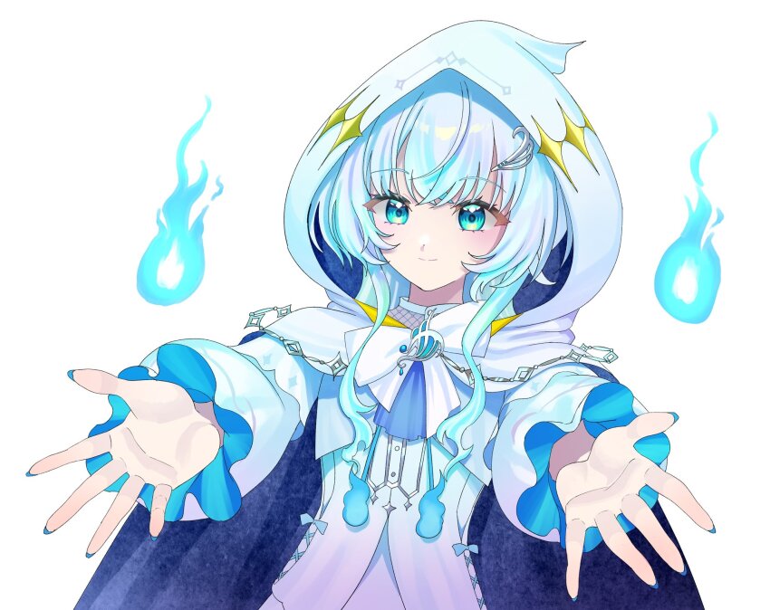 1girl blue_eyes blue_hair blue_nails blush bow bowtie buren cloak closed_mouth commentary_request dress fingernails highres hitodama hood hood_up hooded_cloak kasukane_shino long_hair long_sleeves looking_at_viewer nanashi_inc. reaching reaching_towards_viewer simple_background smile solo upper_body virtual_youtuber white_background white_bow white_bowtie white_cloak white_dress