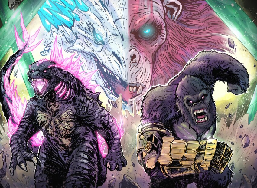 ape b.e.a.s.t._glove bald blood blue_eyes brown_eyes cave claws crossover crystal dinosaur elbow_blade elbow_spikes electroshock_weapon facepaint fangs gauntlets giant giant_monster gills glowing glowing_eyes glowing_gills glowing_mouth glowing_spikes godzilla godzilla_(monsterverse) godzilla_(series) godzilla_and_kong_running_(meme) godzilla_evolved godzilla_x_kong:_the_new_empire gorilla highres kaiju king_kong king_kong_(series) legendary_pictures looking_at_viewer maiimou meme monster monsterverse muscular muscular_male no_humans open_mouth orange_eyes orangutan pectorals pink_eyes red_eyes running scar scar_on_chest scar_on_stomach sea_monster sharp_teeth shimo_(monsterverse) skar_king spiked_tail spikes tail teeth toho tongue underground war_paint warner_bros weapon