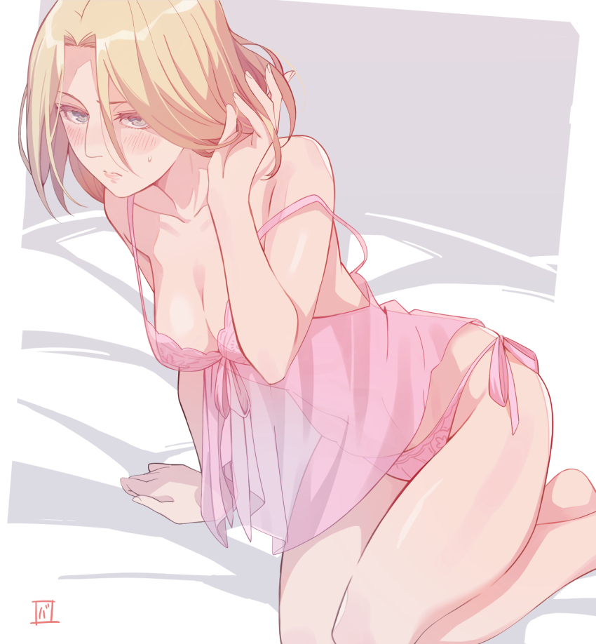 1girl annie_leonhart arm_support bare_shoulders blonde_hair blush breasts camisole cleavage closed_mouth collarbone embarrassed feet_out_of_frame grasshopper193 grasshopper193 grey_eyes half-closed_eyes highres kneeling long_hair medium_breasts panties pink_camisole pink_panties shingeki_no_kyojin side-tie_panties solo strap_slip sweatdrop underwear