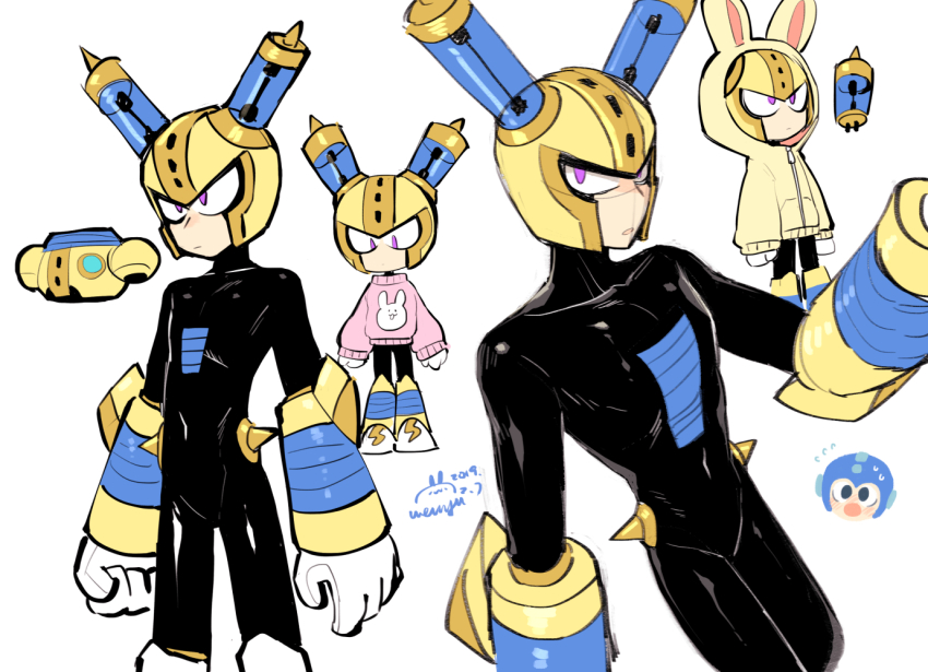 2boys android animal_ear_hood animal_ears animal_print arm_up armor black_bodysuit blue_eyes bodysuit clenched_hand commentary_request covered_navel fake_animal_ears feet_out_of_frame flying_sweatdrops fuse fuse_man gloves helmet hood hood_up hoodie joints looking_at_viewer male_focus mega_man_(character) mega_man_(classic) mega_man_(series) mega_man_11 multiple_boys multiple_views parted_lips pink_sweater purple_eyes rabbit_ears rabbit_print robot robot_joints simple_background solo_focus standing sweat sweater unworn_armor vambraces wenyu white_background white_gloves yellow_armor yellow_headwear yellow_hoodie zipped zipped_hoodie zipper