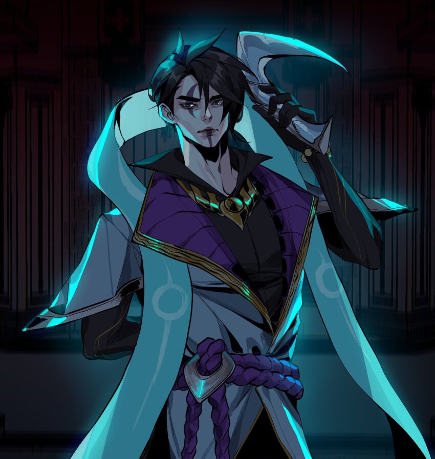 1boy aphelios arm_behind_back armband black_hair black_shirt blue_eyes crescent crescent_necklace facial_mark facial_tattoo gun hair_between_eyes highres holding holding_weapon jacket jewelry jjolee khopesh league_of_legends looking_at_viewer male_focus necklace shirt short_hair tattoo traditional_clothes weapon