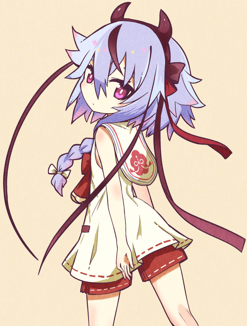 1other absurdres akihiyo ascot beige_background blue_hair bow bowtie braid cherry_blossom_print collar collared_shirt commentary floral_print from_behind gynoid_talk hairband hakama hakama_pants hakama_shorts highres horns japanese_clothes long_hair looking_at_viewer looking_back meika_mikoto pants pink_eyes red_bow red_bowtie red_pants sailor_collar shirt shorts sleeveless sleeveless_shirt vocaloid white_collar white_shirt