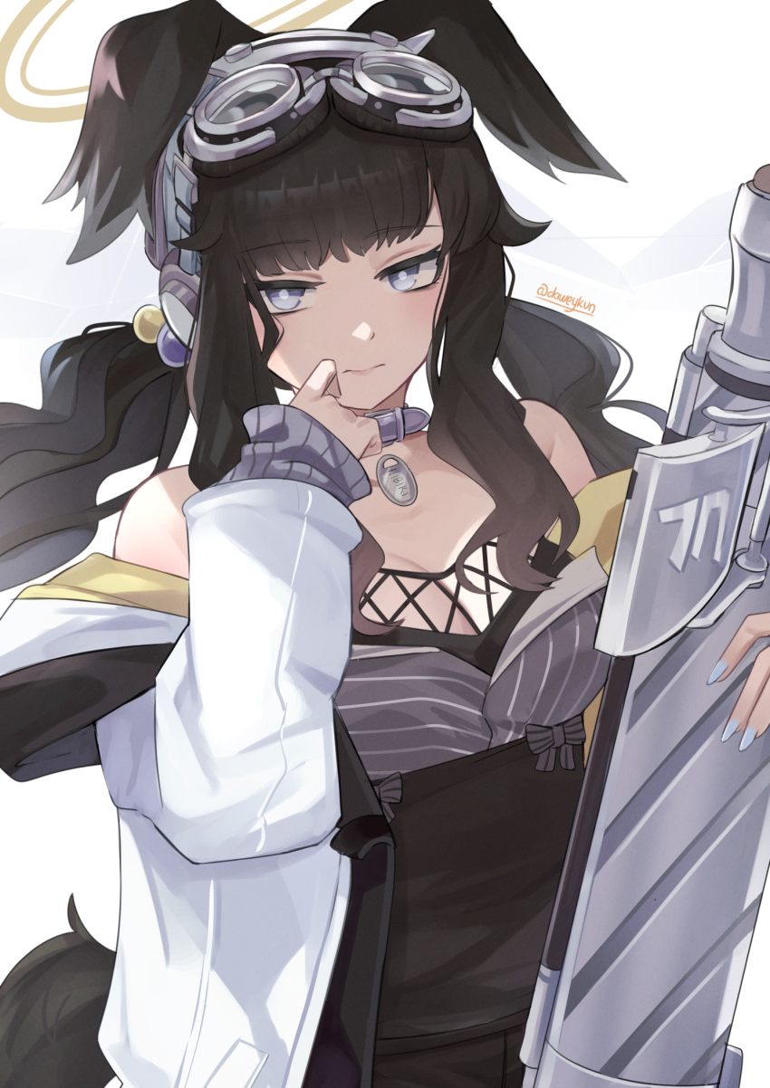 1girl animal_ears bare_shoulders black_dress black_hair blue_archive breasts bright_pupils cleavage closed_mouth collar commentary daweykun dog_ears dog_girl dog_tags dress goggles goggles_on_head hair_bobbles hair_ornament halo hibiki_(blue_archive) highres jacket large_breasts long_hair looking_at_viewer nail_polish off_shoulder open_clothes open_jacket purple_eyes simple_background solo white_background white_jacket white_pupils yellow_halo