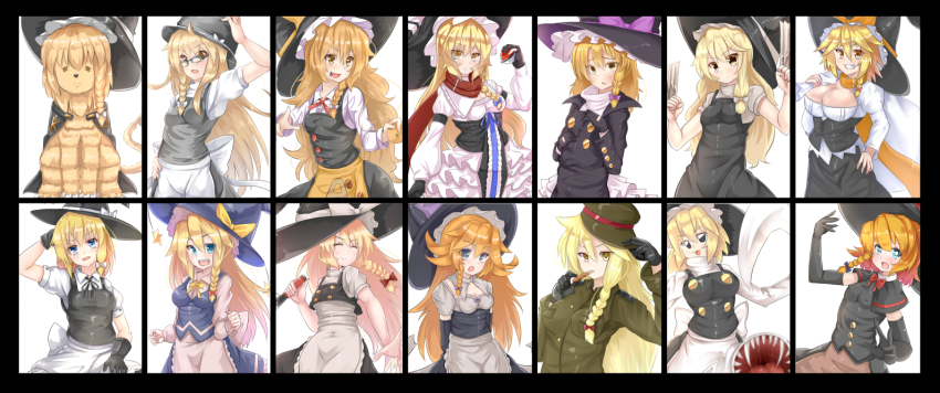 6+girls =_= akane_(cookie) animalization apron azusa_(cookie) black_capelet black_eyes black_gloves black_headwear black_jacket black_skirt black_vest blonde_hair blue_eyes blue_headwear blue_ribbon blue_skirt blue_vest bow bowtie braid breasts brown_eyes buttons capelet cigar claws cleavage cleavage_cutout closed_eyes closed_mouth clothing_cutout coat collared_shirt commentary_request cookie_(touhou) cowboy_shot elbow_gloves everyone extra_mouth eyes_visible_through_hair flipped_hair food frilled_skirt frills fruit gloves green_coat green_headwear hair_between_eyes hair_bow hat hat_bow holding holding_food holding_knife holding_poke_ball hyper_muteki_(ningen_no_kuzu) jacket kinu_(cookie) kirisame_marisa knife koga_(cookie) kohaku_(cookie) large_breasts lion long_hair long_sleeves looking_at_viewer mandarin_orange mars_(cookie) marvel medium_breasts medium_hair meguru_(cookie) mikami_makoto military military_hat military_uniform multiple_girls nintendo open_mouth orange_bow orange_scarf poke_ball pokemon puffy_short_sleeves puffy_sleeves purple_bow red_bow red_bowtie red_scarf rei_(cookie) reverse_grip ribbon ruka_(cookie) scarf shirt short_hair short_sleeves side_braid single_braid skirt sleeves_past_fingers sleeves_past_wrists small_breasts smile star_(symbol) sugar_(cookie) suzu_(cookie) touhou turtleneck underbust uzuki_(cookie) vest waist_apron white_apron white_background white_bow white_shirt witch_hat x-men yellow_bow yellow_eyes yuuhi_(cookie)
