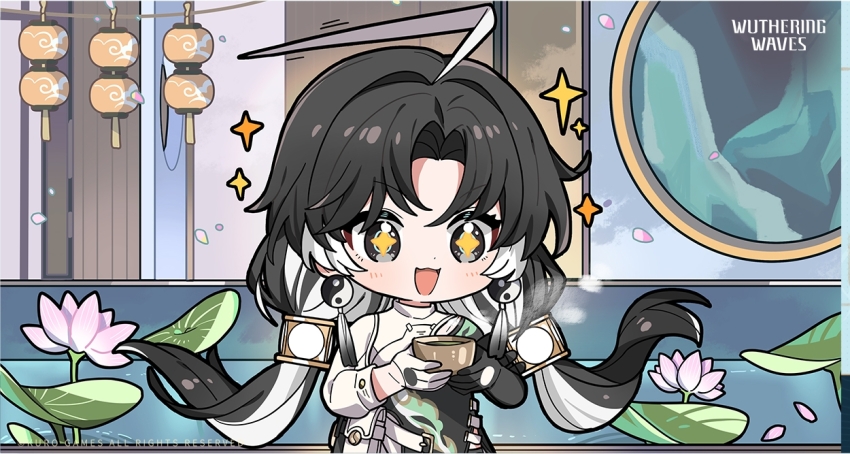 1girl chibi chinese_lantern cup flower holding_cup jianxin_(wuthering_waves) lilies lily_(flower) lily_pad official_art solo sparkle star_eyes teacup wuthering_waves