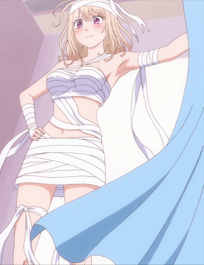 1girl anime_screenshot arm_up armpits bandages blonde_hair blush breasts changing_room collarbone hand_on_own_hip highres kawai_mona kuroiwa_medaka_ni_watashi_no_kawaii_ga_tsuujinai large_breasts miniskirt mummy_costume navel no_bra purple_eyes skirt smile stitched third-party_edit