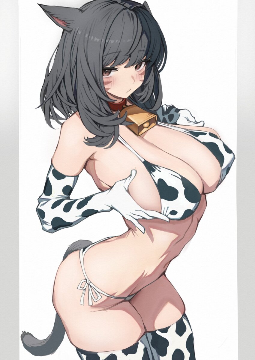 1girl animal_ears animal_print arched_back bare_shoulders bell bikini black_hair breasts brown_eyes cat_ears cat_girl cat_tail choker cleavage closed_mouth commentary_request covered_erect_nipples cow_print cow_print_bikini cow_print_gloves cow_print_thighhighs cowbell cowboy_shot elbow_gloves facial_mark final_fantasy final_fantasy_xiv gloves highres large_breasts long_hair looking_at_viewer miqo&#039;te navel print_bikini print_gloves print_thighhighs red_choker side-tie_bikini_bottom solo stomach string_bikini swimsuit tail thighhighs thighs torisanff14 warrior_of_light_(ff14) white_bikini white_gloves white_thighhighs