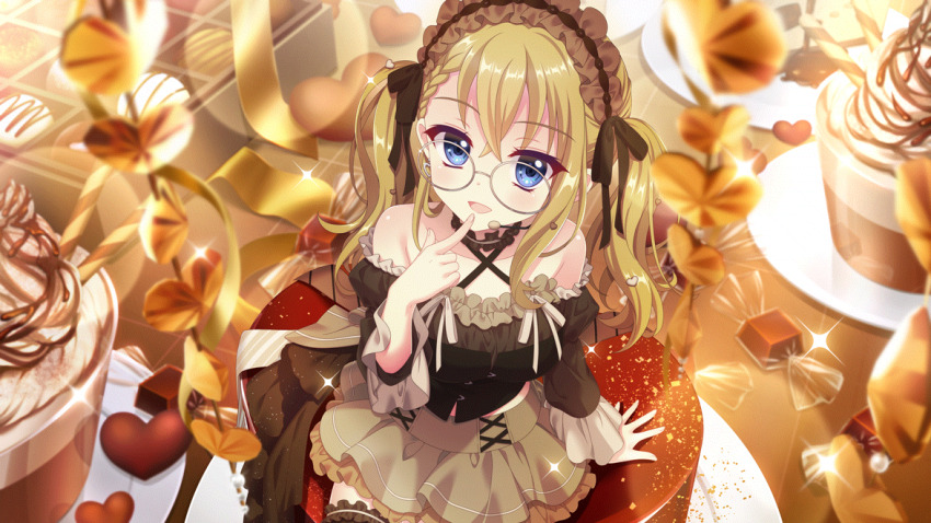 1girl arm_support bare_shoulders black_ribbon black_shirt blonde_hair blue_eyes bon_bon breasts brown_choker brown_hairband brown_skirt brown_sleeves brown_thighhighs candy chocolate chocolate_heart choker cinnamon_stick collarbone crossed_legs detached_sleeves dot_nose film_grain finger_to_mouth food frilled_choker frilled_hairband frilled_shirt frills from_above furumi_chie game_cg hair_ribbon hairband headset heart heart-shaped_food izumi_tsubasu lens_flare long_hair looking_at_viewer medium_breasts midriff_peek non-web_source official_art open_mouth oversized_food oversized_object re:stage! ribbon round_eyewear shirt skirt smile solo sparkle thighhighs tile_floor tiles twintails whipped_cream zettai_ryouiki