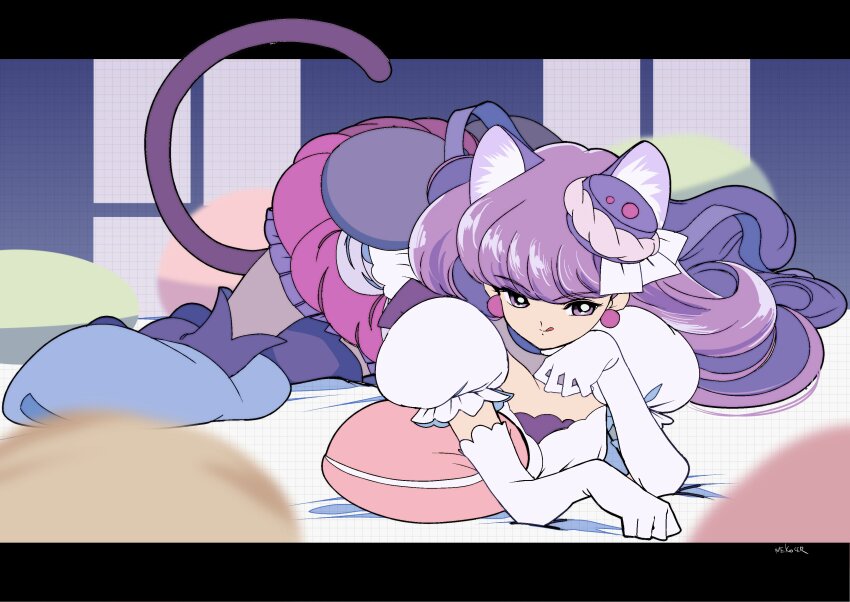 1girl :q absurdres all_fours animal_ears bed_sheet blurry blurry_foreground boots breasts cat_ears cat_tail closed_eyes commentary cure_macaron earrings edoya_inuhachi elbow_gloves food-themed_hair_ornament gloves hair_ornament highres indoors jewelry kirakira_precure_a_la_mode kotozume_yukari letterboxed long_hair looking_to_the_side macaron_hair_ornament magical_girl medium_breasts outside_border pillow pink_skirt precure puffy_short_sleeves puffy_sleeves purple_boots purple_tail shirt short_sleeves signature skirt smile solo tail thigh_boots tongue tongue_out white_gloves white_shirt window