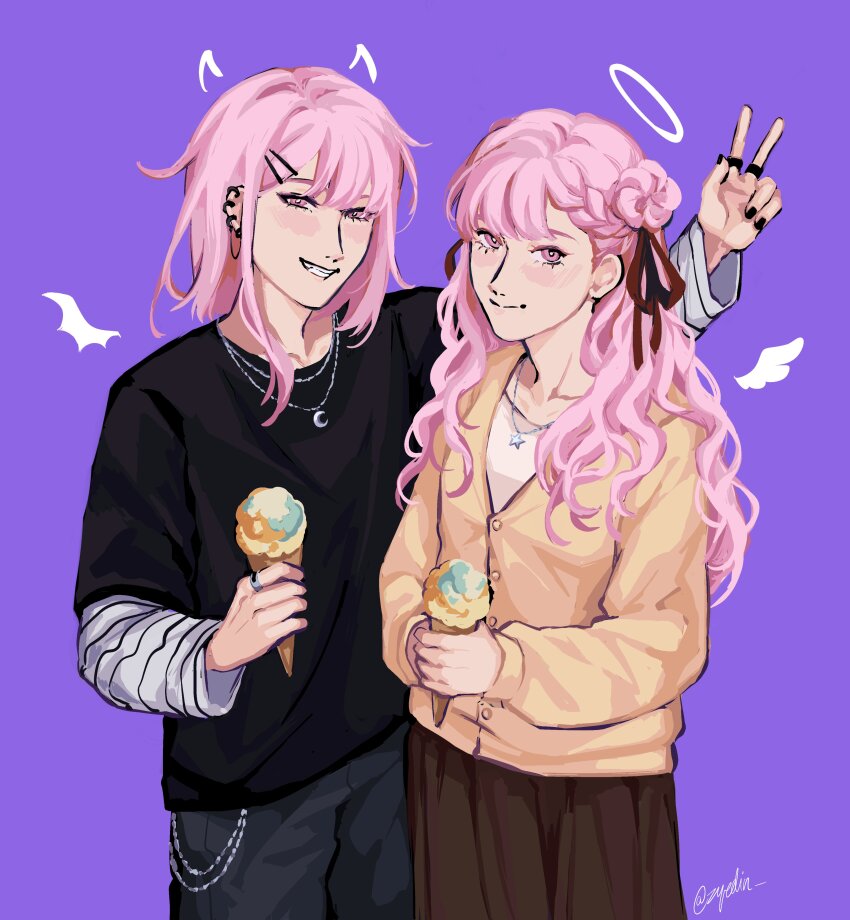 1boy 1girl absurdres alternate_costume alternate_hair_color black_nails black_pants black_shirt blush brother_and_sister brown_skirt closed_mouth ear_piercing earrings fingernails food grin hair_ribbon halo hand_up highres holding holding_food holding_ice_cream holding_ice_cream_cone horns ice_cream ice_cream_cone jewelry layered_sleeves long_hair long_sleeves looking_at_viewer matching_hair/eyes nail_polish open_mouth pants piercing pink_background pink_eyes pink_hair purple_background red_ribbon ribbon shirt short_over_long_sleeves short_sleeves siblings simple_background skirt smile striped_clothes striped_shirt teeth the_hundred_line_-last_defense_academy- tsukumo_ima tsukumo_kako v wallet_chain white_shirt wings yellow_shirt