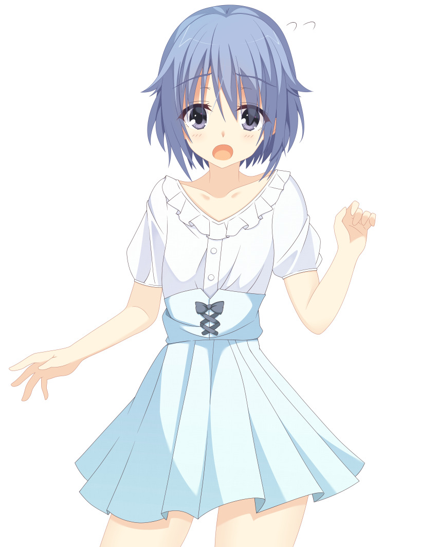 1boy :o absurdres alternate_costume aqua_skirt blue_hair blush commentary cowboy_shot eyes_visible_through_hair flying_sweatdrops frilled_shirt frills grey_eyes hair_between_eyes hand_up high-waist_skirt highres kaon_zz looking_at_viewer open_mouth pleated_skirt puffy_short_sleeves puffy_sleeves raised_eyebrows riddle_joker shirt short_hair short_sleeves skirt solo suou_kyouhei trap white_shirt