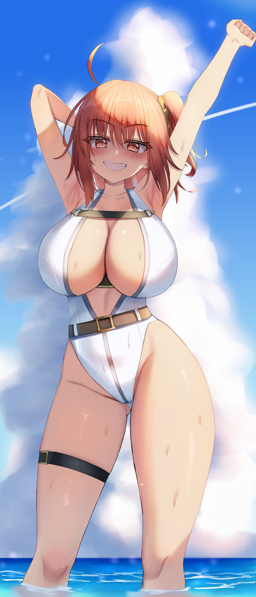 1girl absurdres ahoge armpits arms_up bare_shoulders belt blue_sky blush breasts fate/grand_order fate_(series) fujimaru_ritsuka_(female) grin highleg highleg_leotard highres jo_(pixiv29989419) large_breasts leotard looking_at_viewer ocean one_side_up orange_eyes orange_hair short_hair sky smile solo thighs wet white_leotard