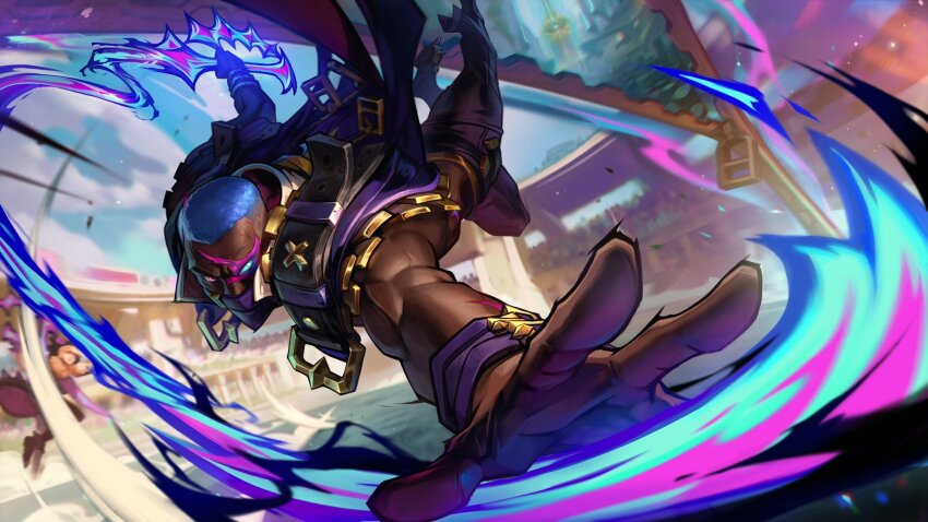 1boy belt black_pants blue_hair blurry blurry_background dark-skinned_male dark_skin glowing glowing_eye highres holding holding_weapon league_of_legends long_sleeves looking_at_viewer male_focus mask mouth_mask muscular muscular_male official_alternate_costume official_art pants pyke_(league_of_legends) short_hair solo soul_fighter_pyke stadium weapon