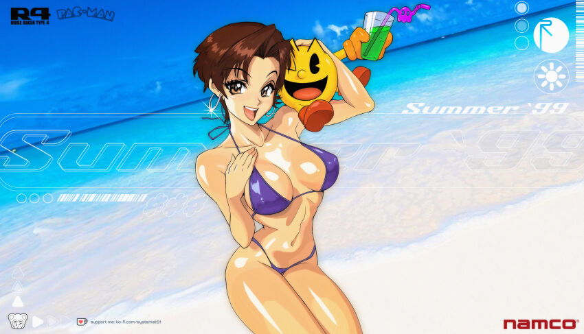 1990s_(style) 1girl absurdres beach bikini brown_hair commentary copyright_logo copyright_name english_commentary gloves highres nagase_reiko namco one_eye_closed open_mouth orange_gloves pac-man pac-man_(game) purple_bikini r4:_ridge_racer_type_4 retro_artstyle ridge_racer short_hair summer swimsuit system_st91