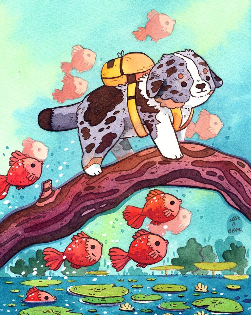animal animal_focus artist_name backpack bag bubble commentary day dog ellievsbear english_commentary fish flying flying_fish from_side full_body highres lily_pad no_humans original outdoors painting_(medium) plant signature sky solid_circle_eyes solid_eyes standing traditional_media tree tree_trunk_bridge water watercolor_(medium)