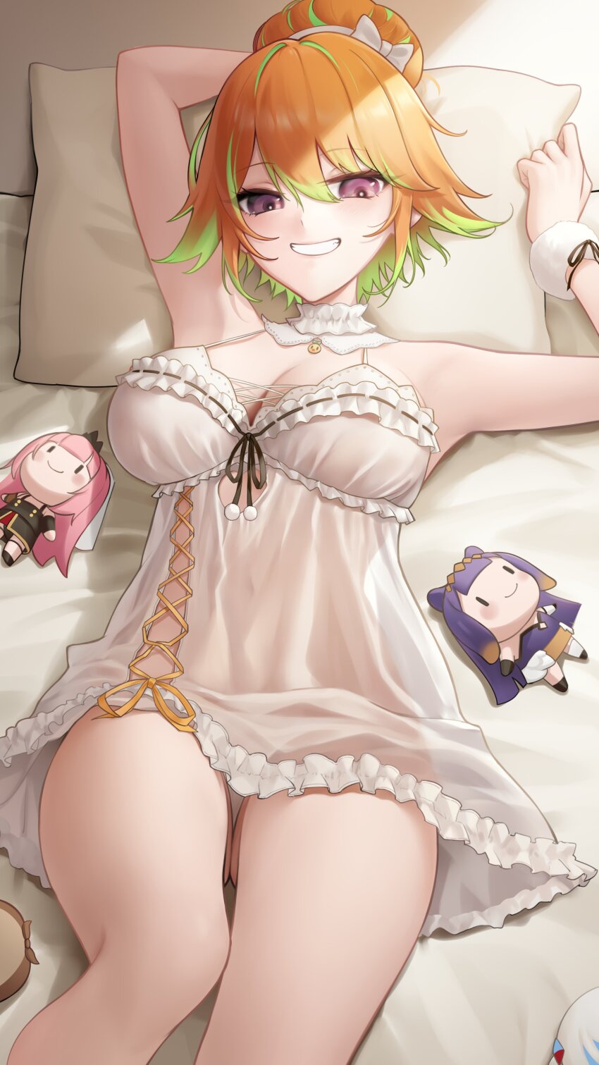 1girl absurdres babydoll breasts chemise commentary english_commentary frilled_babydoll gawr_gura green_hair green_highlights hair_bun highres hololive hololive_english holomyth lace-trimmed_nightgown large_breasts looking_at_viewer lying mori_calliope mori_calliope_(1st_costume) multicolored_hair ninomae_ina&#039;nis ninomae_ina&#039;nis_(1st_costume) official_alternate_costume official_alternate_hairstyle on_back on_bed orange_hair paid_reward_available pillow purple_eyes see-through_babydoll see-through_clothes smile solo somebody_(leiking00) takanashi_kiara takanashi_kiara_(cozy) two-tone_hair virtual_youtuber watson_amelia white_babydoll white_chemise