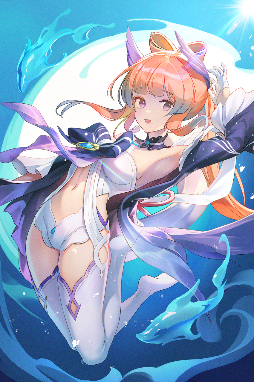 1girl arm_up armpits bare_shoulders blue_bow blue_choker bow choker commentary genshin_impact gloves highres navel no_shoes nooo off_shoulder pink_hair sangonomiya_kokomi short_shorts shorts solo stomach thighhighs thighs white_gloves white_shorts white_thighhighs