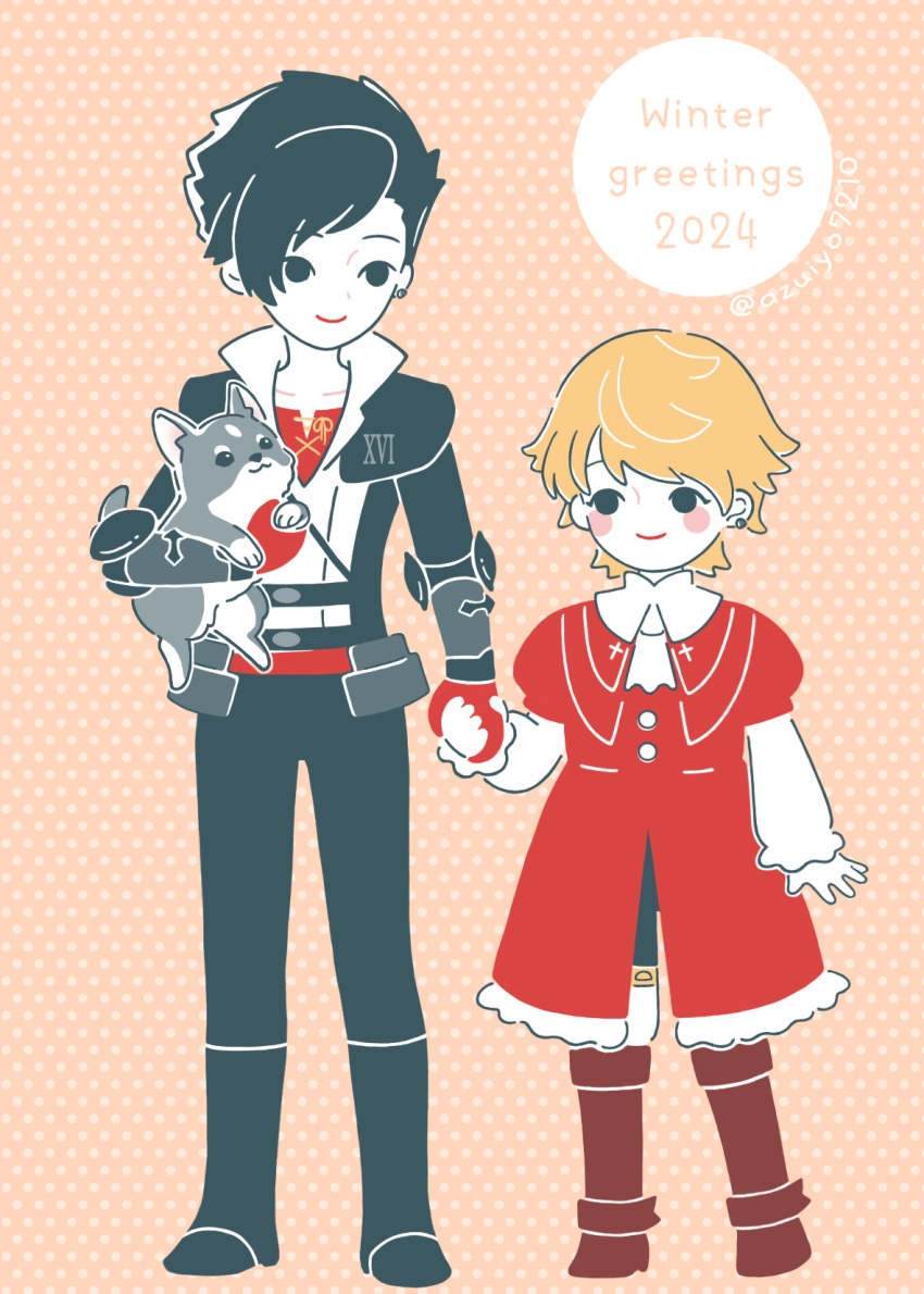 2boys animal azuiyo7210 baby_animal black_footwear black_hair black_pants blonde_hair blush boots brothers brown_footwear child clive_rosfield closed_mouth coat dog earrings elbow_pads final_fantasy final_fantasy_xvi full_body highres holding holding_animal holding_dog holding_hands jewelry joshua_rosfield long_sleeves male_focus multiple_boys pants polka_dot polka_dot_background popped_collar puffy_long_sleeves puffy_sleeves puppy red_coat red_shirt shirt short_hair siblings single_earring smile swept_bangs torgal_(ff16) twitter_username white_shirt wolf