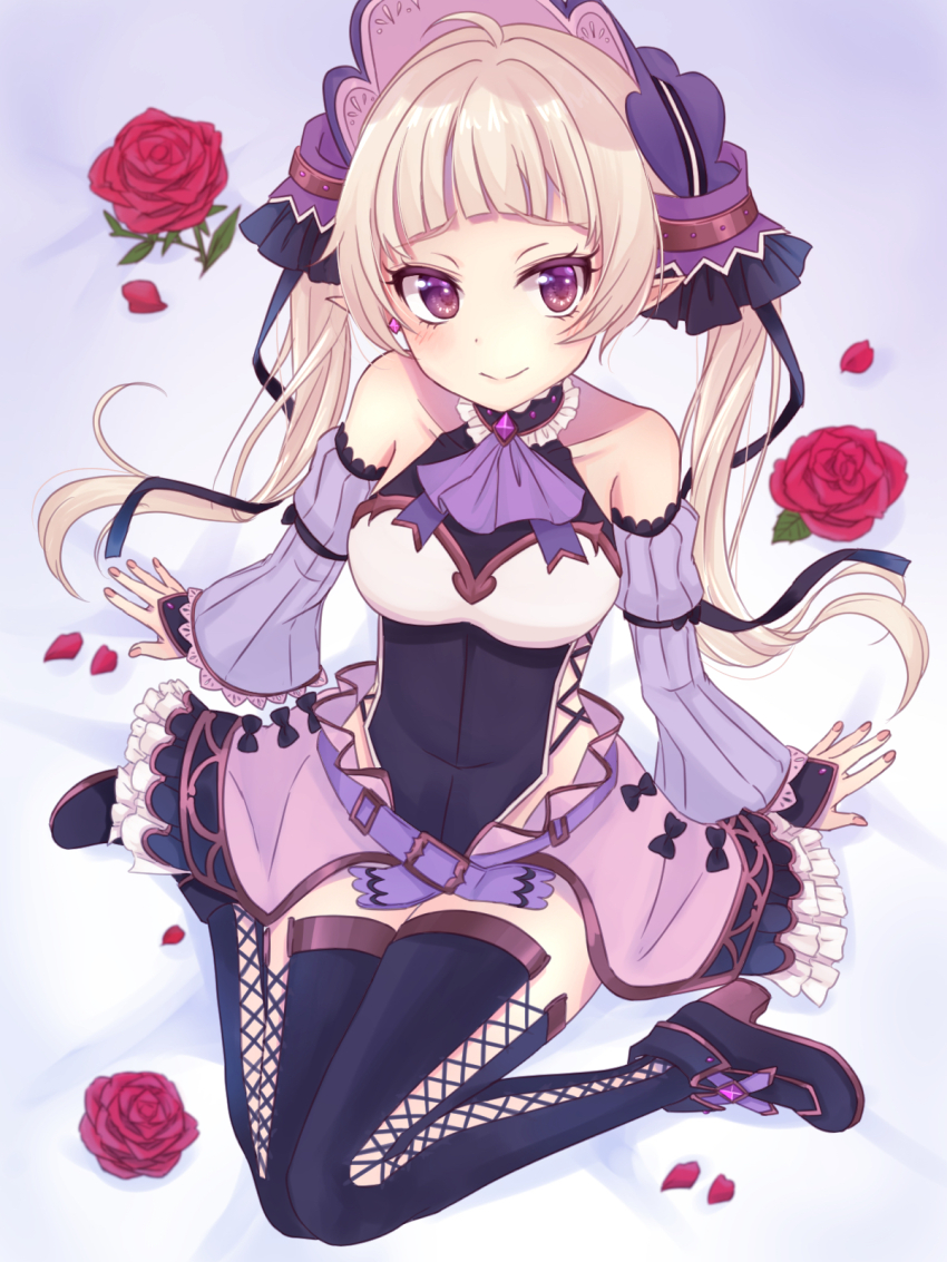 1boy ahoge artist_request bare_shoulders belt blonde_hair blush boots crossdressing detached_sleeves elf flower frilled_skirt frilled_sleeves frills hair_ornament headdress hime_cut long_hair looking_at_viewer nail_polish on_floor petals pink_nails pink_skirt pointy_ears princess_connect! purple_eyes rose rose_petals seductive_gaze simple_background sitting skirt smile source_request thighhighs trap twintails very_long_hair yuki_(princess_connect!) zettai_ryouiki