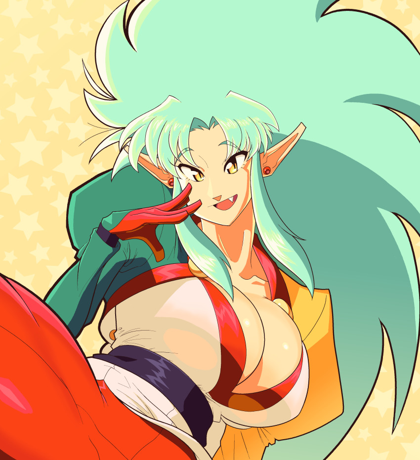 1girl 1990s_(style) absurdres bag big_hair breasts cleavage_cutout clothing_cutout dress earrings eyelashes green_hair hair_intakes hand_on_own_face hardkoba highres jewelry large_breasts open_mouth puffy_sleeves raised_eyebrows red_legwear ryouko_(tenchi_muyou!) shoulder_bag sidelocks solo spiked_hair tenchi_muyou! white_dress yellow_background yellow_eyes