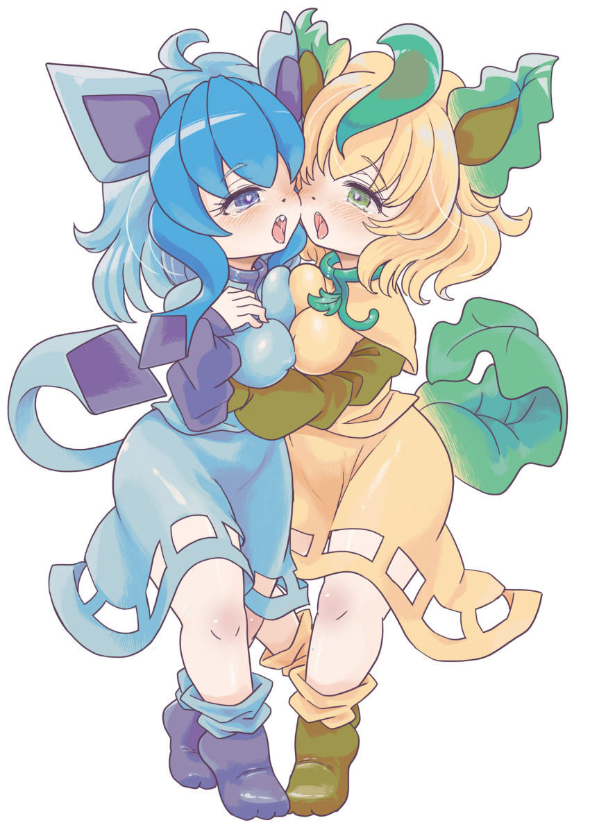 2girls ahoge blonde_hair blue_eyes blue_hair blue_shirt blue_skirt blue_socks blush breast_press breasts commentary_request cookie_(touhou) full_body gen_4_pokemon glaceon green_eyes green_footwear highres layered_sleeves leafeon long_sleeves looking_at_another looking_to_the_side medium_breasts medium_hair multicolored_hair multiple_girls nintendo nyon_(cookie) open_mouth pokemon purple_footwear sharp_teeth shirt shoes short_over_long_sleeves short_sleeves simple_background skirt skirt_set smile socks standing symmetrical_docking teeth tsuzuchii two-tone_hair white_background yellow_shirt yellow_skirt yellow_socks yuri