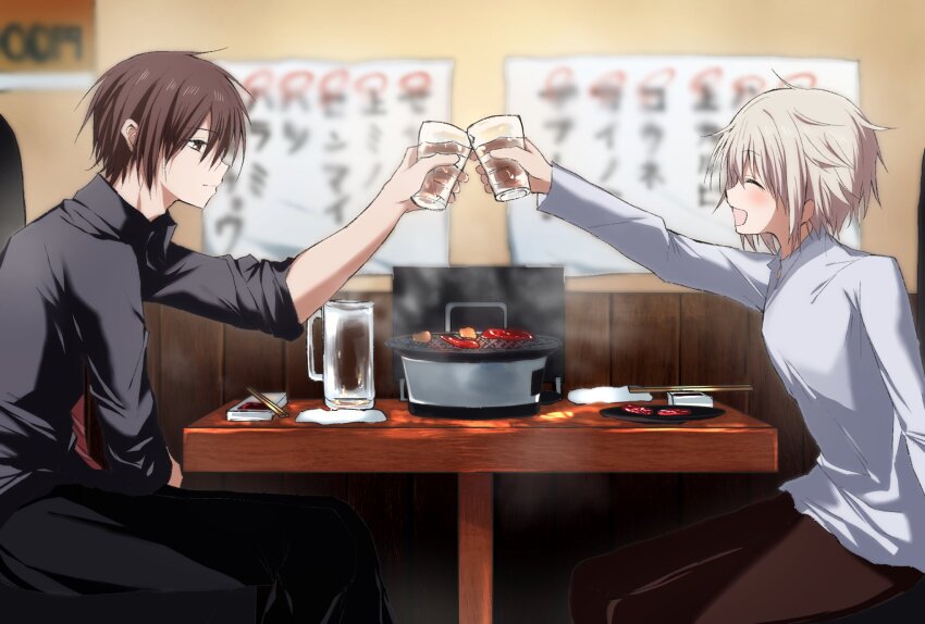 2boys :d ^_^ beer_mug black_pants black_shirt blurry blurry_background blush brown_eyes brown_hair brown_pants chopsticks closed_eyes closed_mouth cup feet_out_of_frame from_side grey_hair happy highres indoors kasukasugom1 kusanagi_naoya leaning_forward long_sleeves looking_at_another male_focus mug multiple_boys natsume_kei_(sakura_no_uta) open_mouth pants profile restaurant sakura_no_toki sakura_no_uta shirt short_hair sitting sleeves_rolled_up slice_of_life smile spiked_hair steam toasting_(gesture) white_shirt yakiniku
