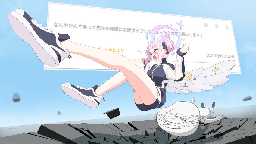 1boy 1girl absurdres angel_wings black_eyes black_footwear black_jacket black_scrunchie black_shorts blue_archive blue_background blush clenched_hands commentary_request doodle_sensei_(blue_archive) double_bun falling feathered_wings ground_shatter gym_uniform hair_bun hair_ornament hair_scrunchie halo hands_up highres jacket legs long_sleeves low_wings mika_(blue_archive) mika_(track)_(blue_archive) multicolored_jacket odaibako open_mouth pink_hair purple_halo request_inset scrunchie sensei_(blue_archive) shoes short_shorts shorts sidelocks sneakers subete_wo_subetarou translation_request two-tone_jacket white_jacket white_wings wings