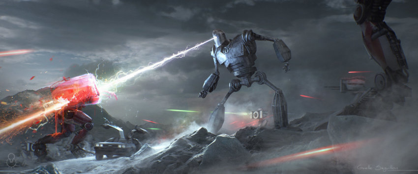 back_to_the_future battle car cloud delorean energy energy_beam energy_cannon epic fainernil firing glowing glowing_eyes gullwing_doors highres iron_giant_(mecha) mecha mmorpg motor_vehicle mountain night non-humanoid_robot official_art outdoors production_art ready_player_one realistic robot science_fiction signature snow spoilers the_iron_giant time_machine turret video_game walker_(robot)