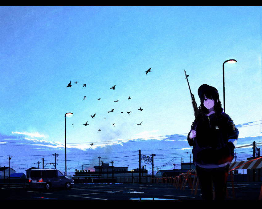 1girl bird car closed_mouth cloud commentary flock hand_in_pocket highres letterboxed long_hair motor_vehicle original orval outdoors parking_lot power_lines roadblock scenery sky solo standing utility_pole weapon weapon_on_back wide_shot zipper_pull_tab
