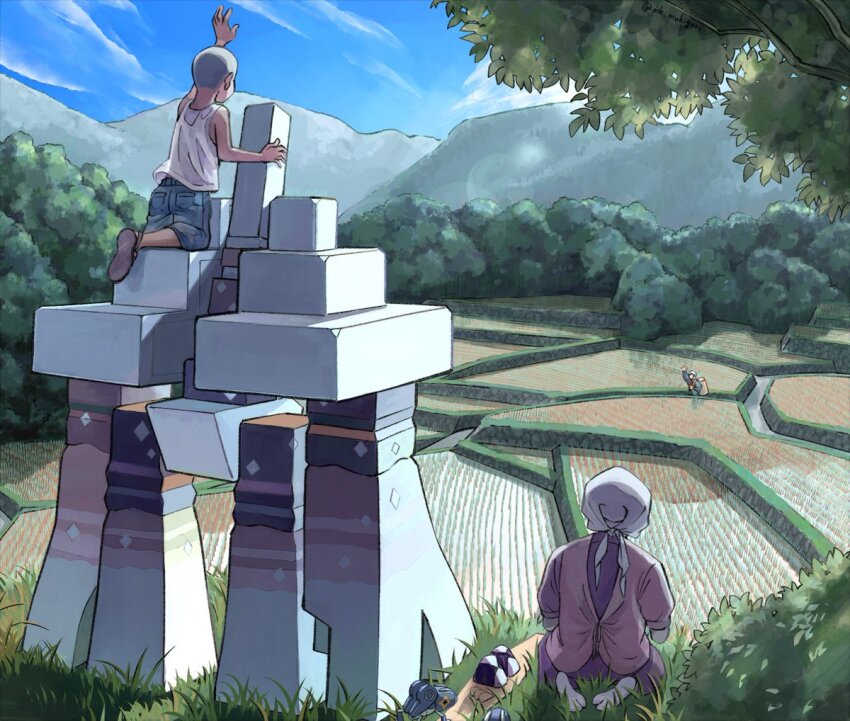 1girl 2boys arm_up bandana cloud commentary_request day food garganacl grass hill mukiguri multiple_boys nintendo nymble onigiri outdoors pants pokemon pokemon_(creature) rice_paddy riding riding_pokemon shirt shoe_soles short_hair sitting sky sleeveless sleeveless_shirt socks very_short_hair white_bandana white_shirt white_socks