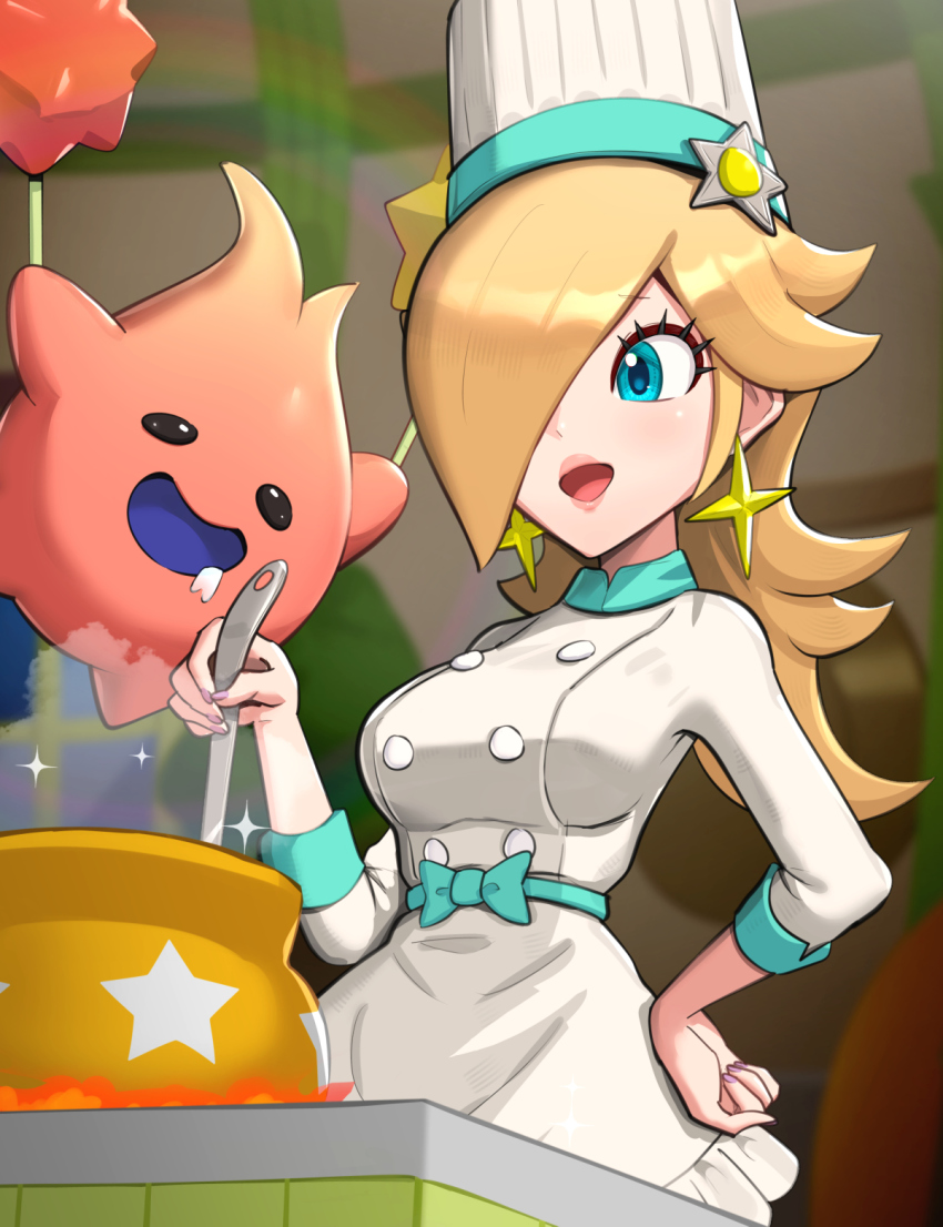 1girl alternate_costume blonde_hair blue_eyes breasts chef chef_hat cooking gonzarez hair_over_one_eye hat highres hungry_luma_(super_mario_galaxy) large_breasts mario_(series) mario_kart mario_kart_tour nintendo one_eye_covered open_mouth rosalina rosalina_(chef)