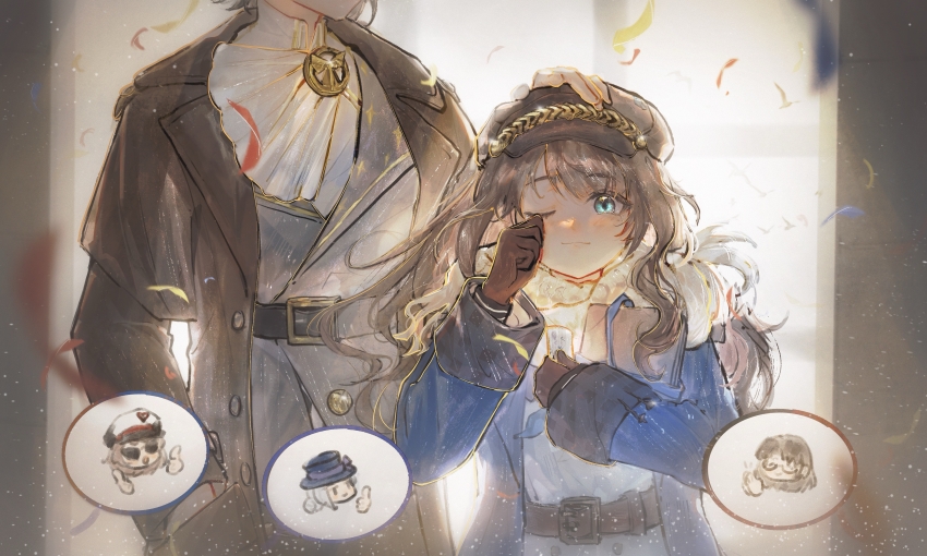 5girls ;) absurdres ascot belt blue_coat blue_eyes book brown_belt brown_coat brown_gloves brown_hair newsboy_cap coat collared_shirt confetti dress gloves greta_hofmann grey_hair grey_jacket hand_in_pocket hand_up hands_up happy_tears hat head_out_of_frame headpat height_difference highres holding holding_book jacket long_hair looking_at_viewer mangxia_xiang_chi_mangguo marcus_(reverse:1999) multiple_girls one_eye_closed regulus_(reverse:1999) reverse:1999 scarf shirt smile spoken_character tearing_up tears upper_body vertin_(reverse:1999) white_ascot white_dress white_scarf white_shirt wiping_tears z_(reverse:1999)