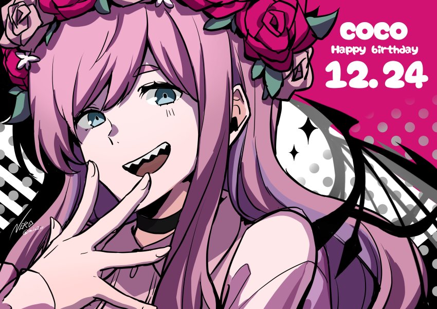 1girl absurdres atarashi_coco black_wings blue_eyes dated dress eme_(204) eyelashes female_focus fingernails flower_wreath happy_birthday highres long_hair looking_at_viewer open_mouth pink_dress pink_hair sharp_teeth shin_subarashiki_kono_sekai solo spiked_wings subarashiki_kono_sekai teeth upper_body wings