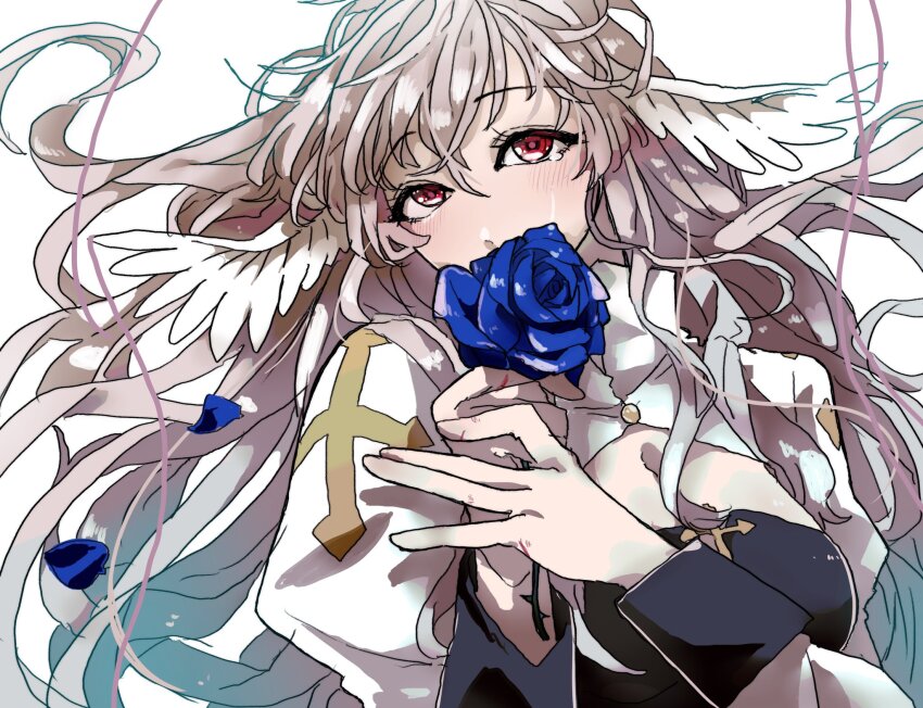 1girl arch_bishop_(ragnarok_online) black_dress blue_flower blue_rose blush breasts cleavage cleavage_cutout clothing_cutout commentary_request cross datenshi_no_fu dress feathered_wings flower flower_over_mouth grey_hair hair_between_eyes head_wings highres juliet_sleeves large_breasts long_hair long_sleeves looking_at_viewer puffy_sleeves ragnarok_masters ragnarok_online red_eyes rose simple_background solo two-tone_dress upper_body very_long_hair white_background white_dress white_wings wings