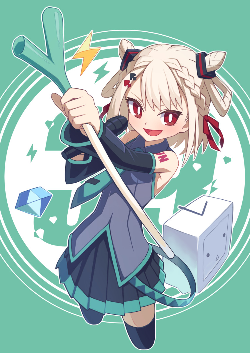 1girl black_skirt black_thighhighs braid bright_pupils collared_shirt cosplay cropped_legs detached_sleeves food grey_shirt hair_bun hair_ornament hatsune_miku hatsune_miku_(cosplay) hibun_tsukasa highres holding holding_food holding_microphone holding_vegetable looking_at_viewer microphone necktie niconico open_mouth pleated_skirt red_eyes red_ribbon ribbon shiratama_utano shirt shoulder_tattoo skirt solo spring_onion tattoo terebi-chan thighhighs univirtual vegetable virtual_youtuber vocaloid white_pupils